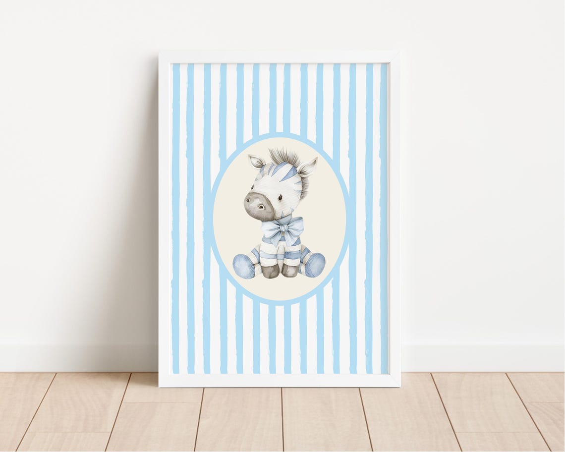 Zebra Foal Watercolor Blue Stripes Cute Baby Nursery Art Poster - Image 3