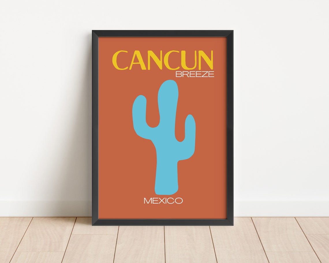 Sunny Cancun Breeze Retro Orange Blue Cactus Mexico Travel Poster - Image 3