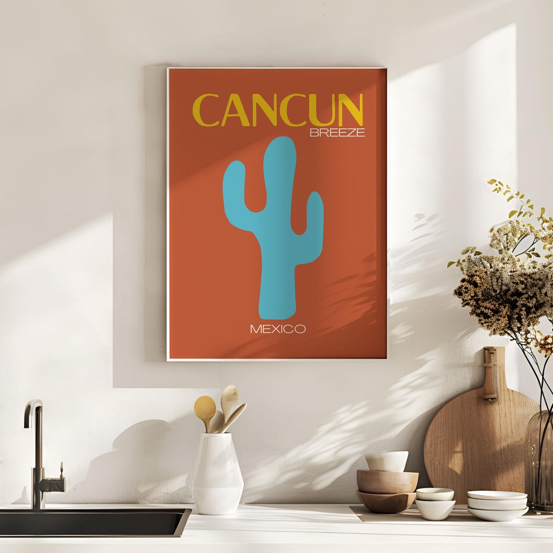 Sunny Cancun Breeze Retro Orange Blue Cactus Mexico Travel Poster - Image 4