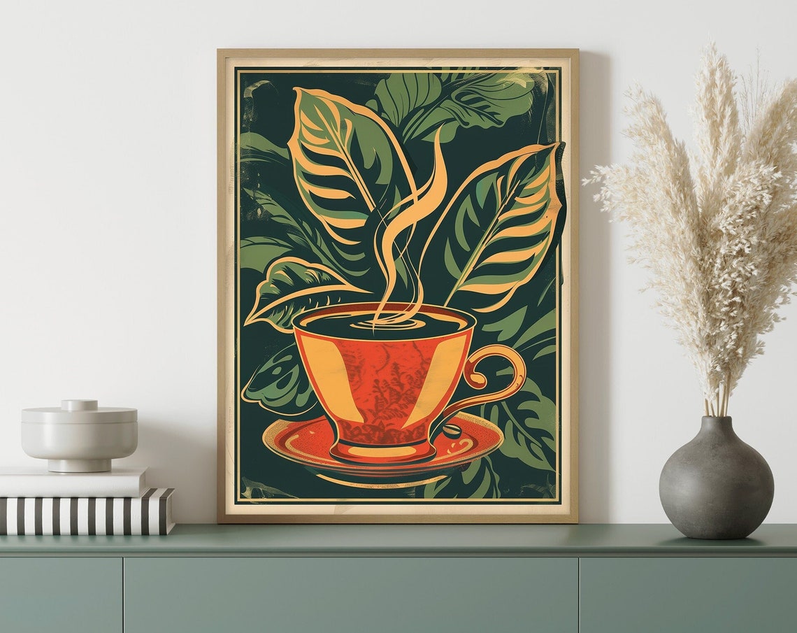 Bold Orange Coffee Cup Dark Botanical Leaves Retro Cafe Poster