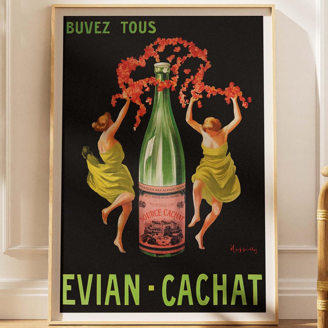 Buvez Tous Evian Cachat Vintage French Drink Green Bottle Art Poster
