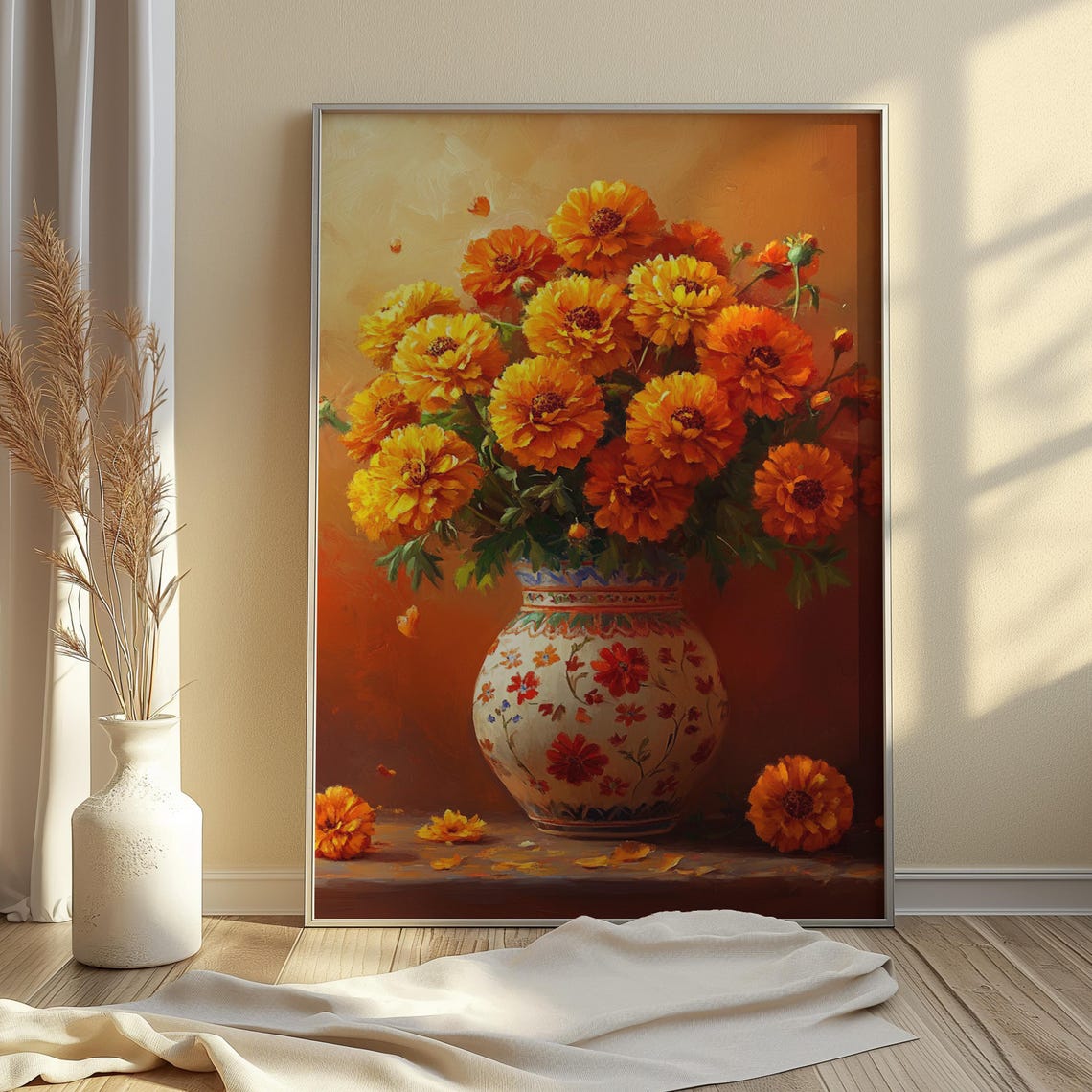 Golden Marigold Bouquet White Floral Vase Amber Warm Autumn Poster - Image 3