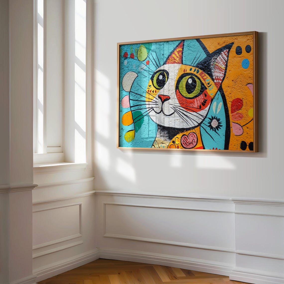 Whimsical Big Eyed Cat Face Pop Art Turquoise Orange Abstract Poster - Image 3
