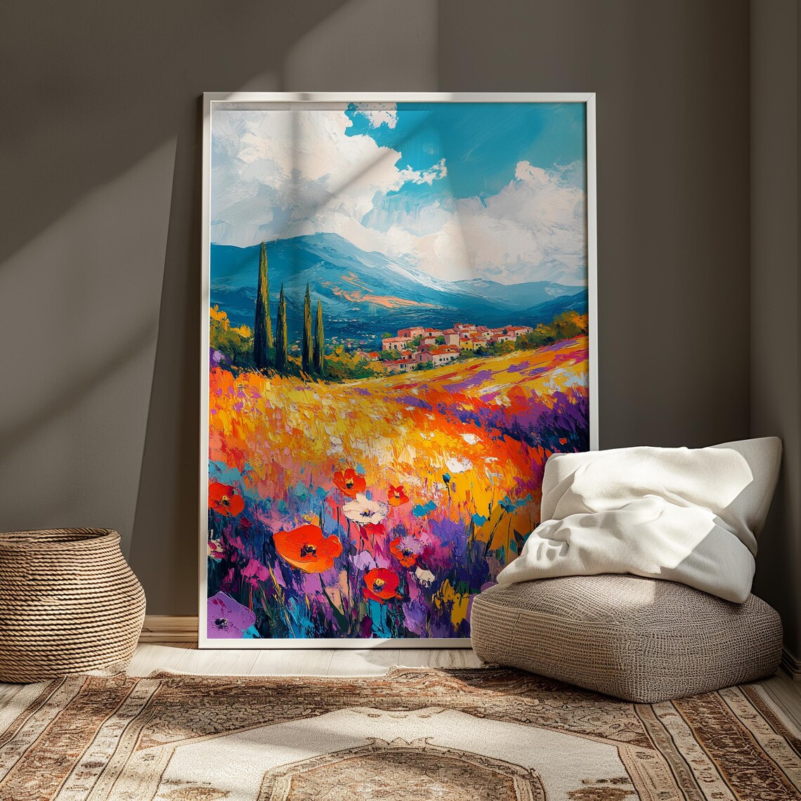 Colorful Mexican Village Wildflower Meadow Mountain Landscape Print - Image 3