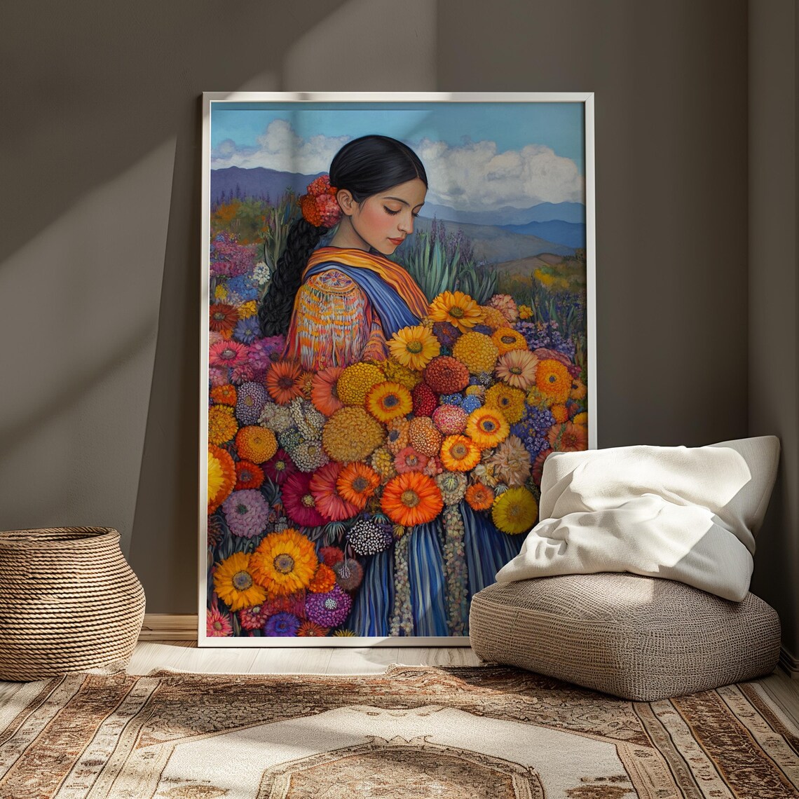Woman Long Braid Marigold Hair Blue Striped Dress Dahlia Field Poster - Image 3