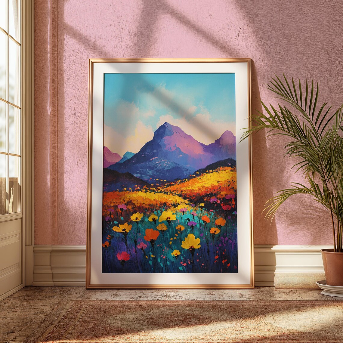 Colorful Wildflower Field Purple Mountain Dusk Turquoise Sky Landscape Poster - Image 2