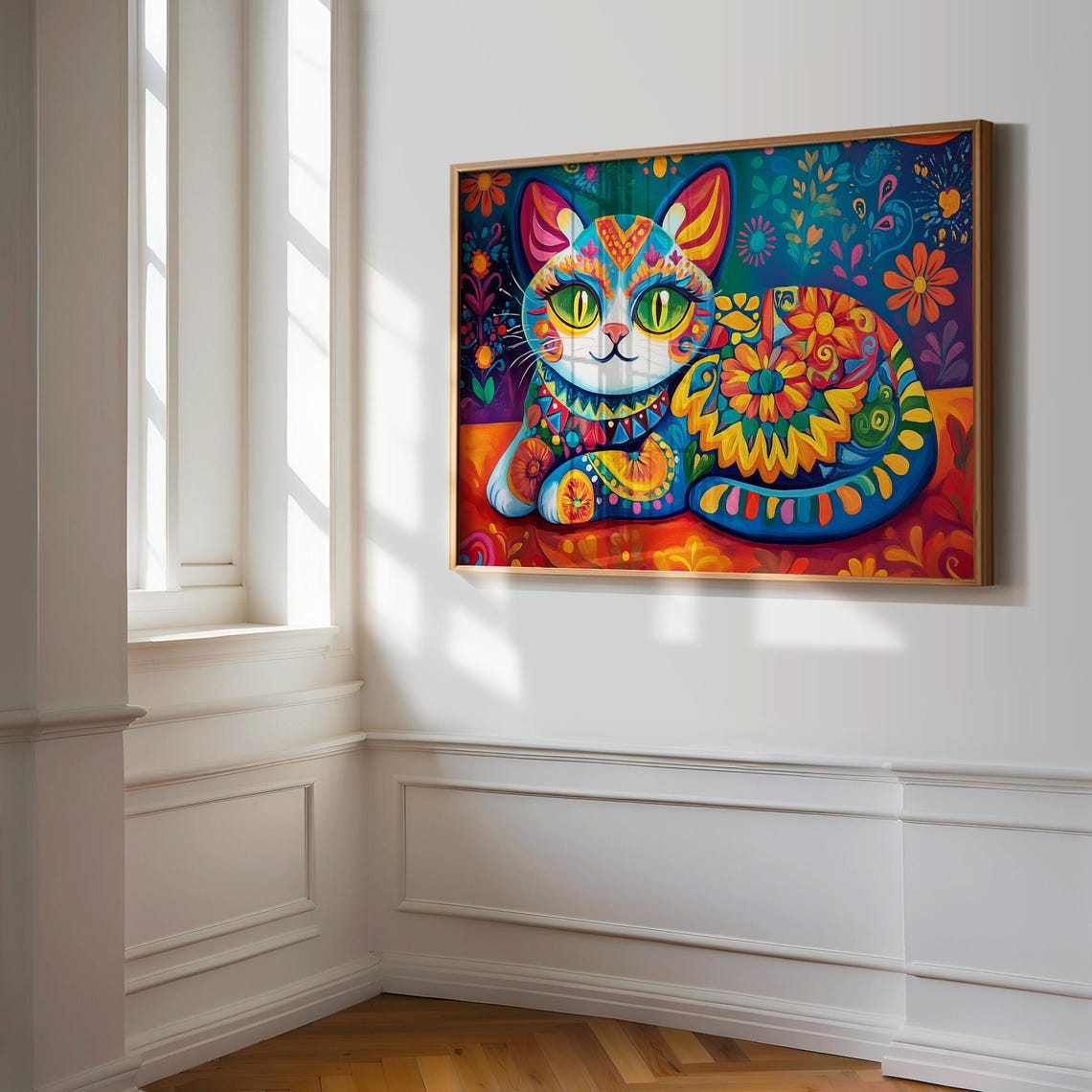 Reclining Floral Patterned Cat Green Eyes Navy Blue Colorful Poster - Image 3