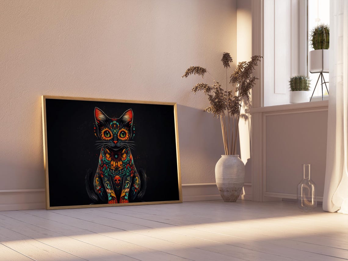Sitting Black Cat Full Body Day of Dead Marigold Skull Motif Wall Art - Image 2