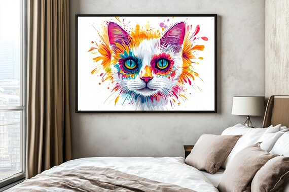 Bold Pink Orange Watercolor Cat With Sugar Skull Eyes Poster