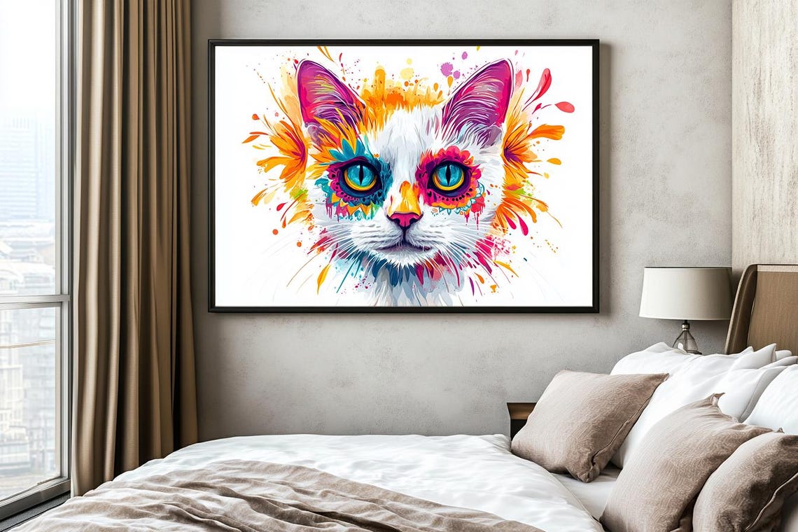 Bold Pink Orange Watercolor Cat With Sugar Skull Eyes Poster