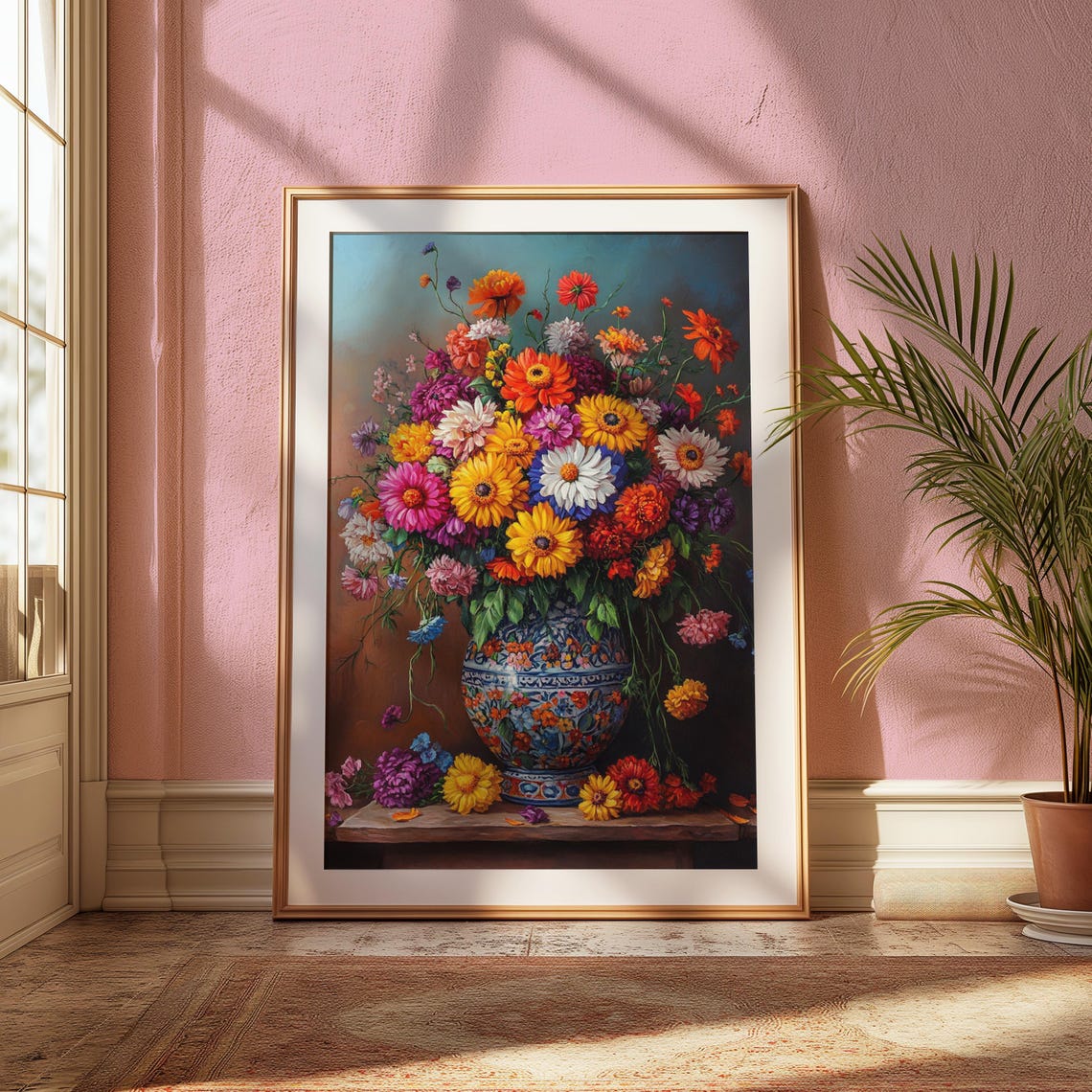 Cheerful Wildflower Bouquet Ornate Blue Vase Ledge Sunny Garden Poster - Image 2