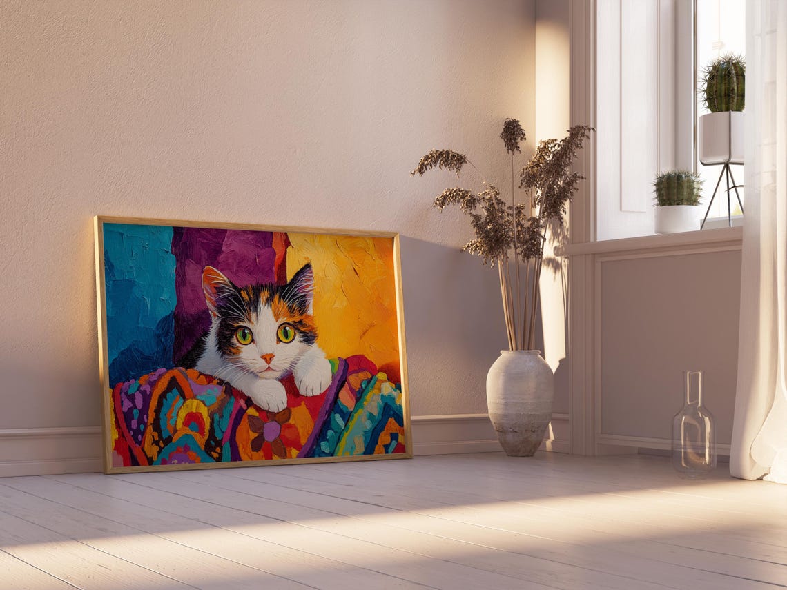 Calico Kitten Resting on Colorful Quilt Green Eyes Impasto Art Poster - Image 2