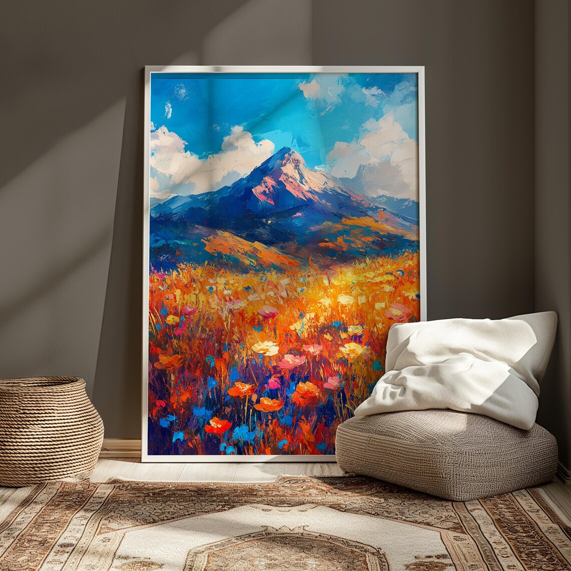 Majestic Mountain Peak Orange Wildflower Meadow Blue Sky Landscape Poster - Image 3