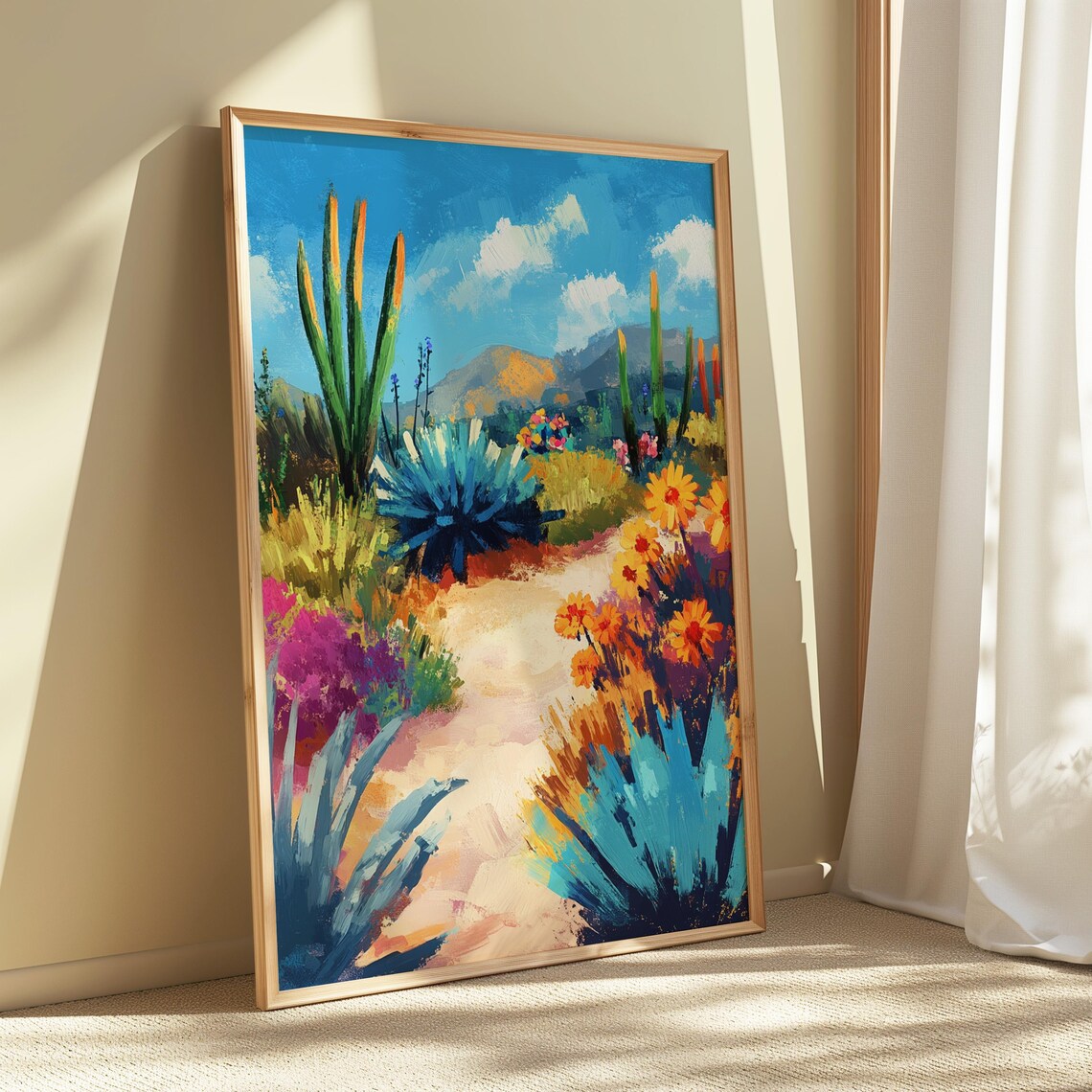 Vibrant Desert Garden Path Blue Agave Cacti Colorful Wildflowers Landscape Poster - Image 5