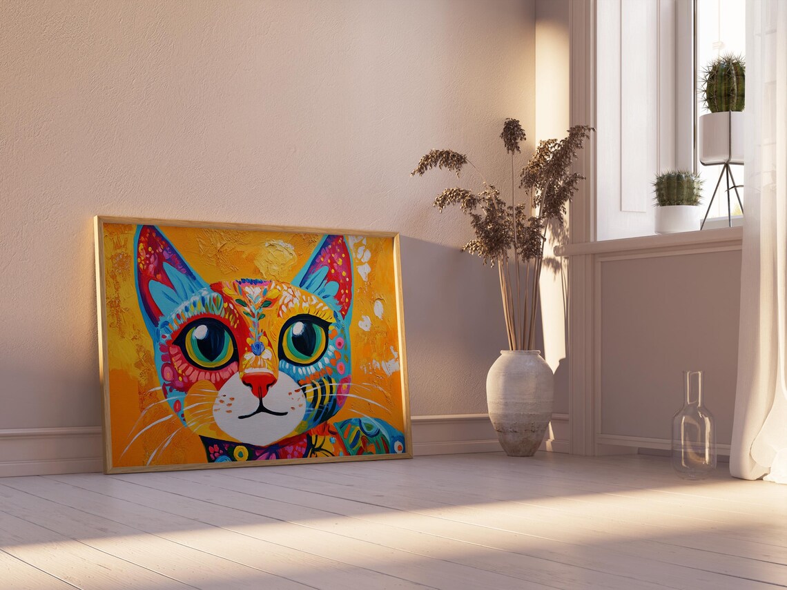 Happy Cat Face Big Round Eyes Vivid Sunny Patterns Golden Poster - Image 2