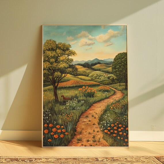 Winding Dirt Path Through Marigold Fields Mexican Countryside Art Poster