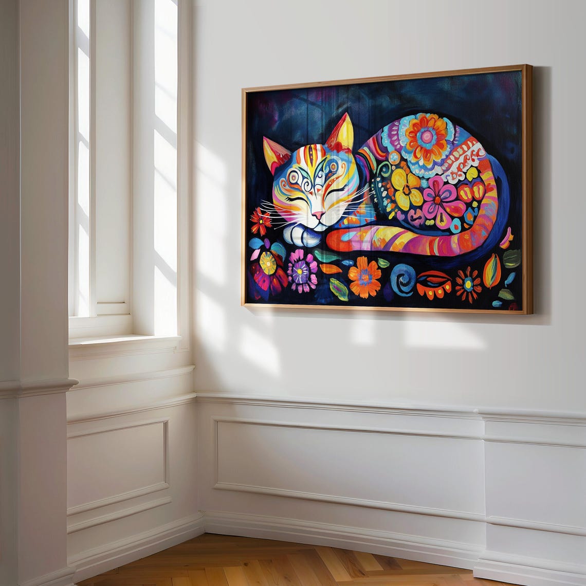 Sleeping Rainbow Floral Cat Peaceful Curled Night Garden Art Poster - Image 3