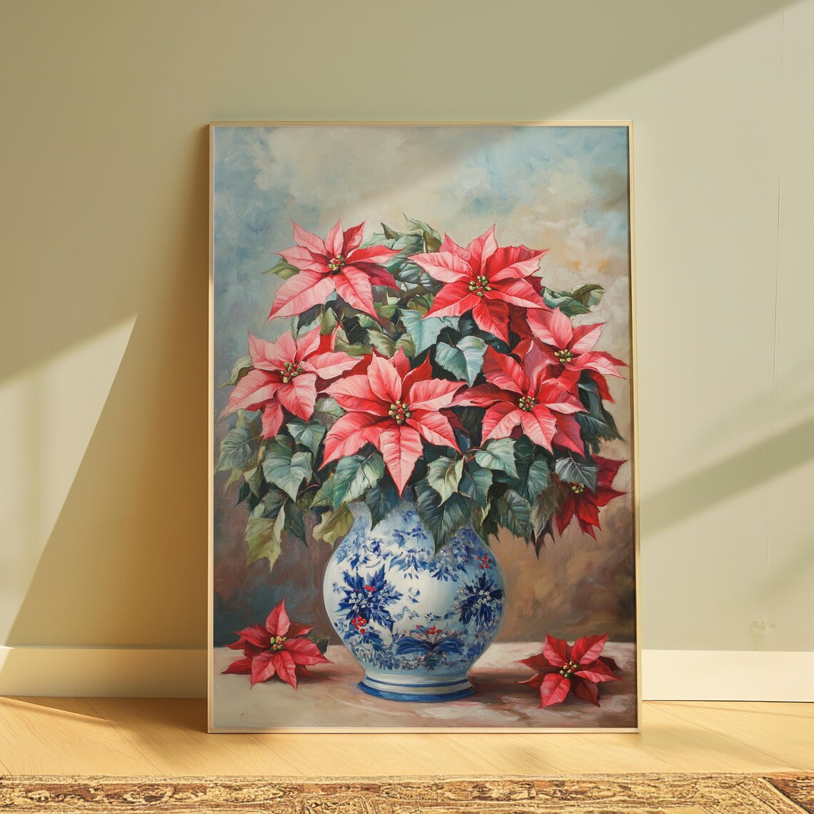 Pink Poinsettia Blue Porcelain Vase Soft Christmas Still Life Poster
