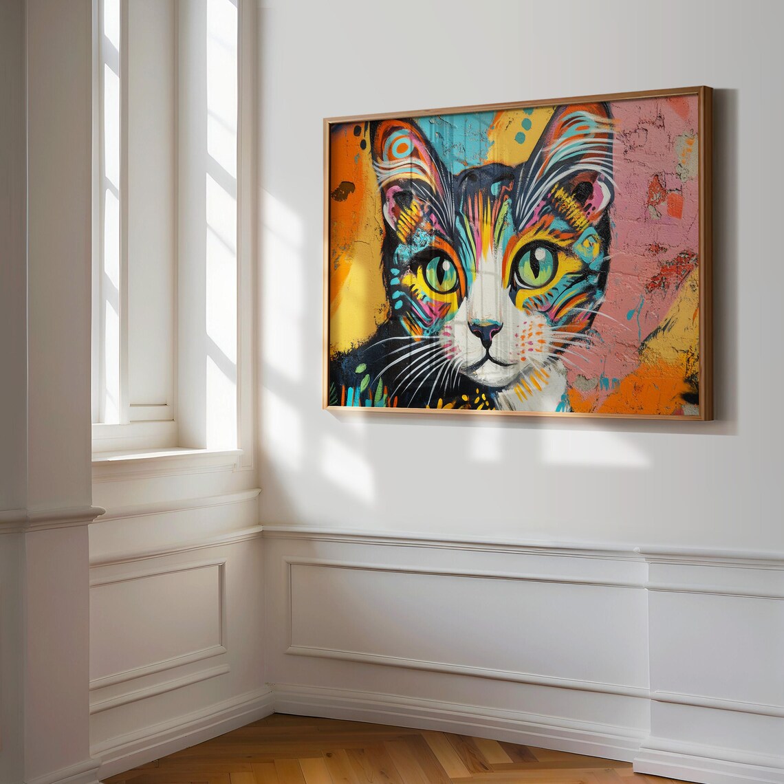 Street Art Graffiti Cat Face Green Eyes Textured Wall Painting Poster - Image 3