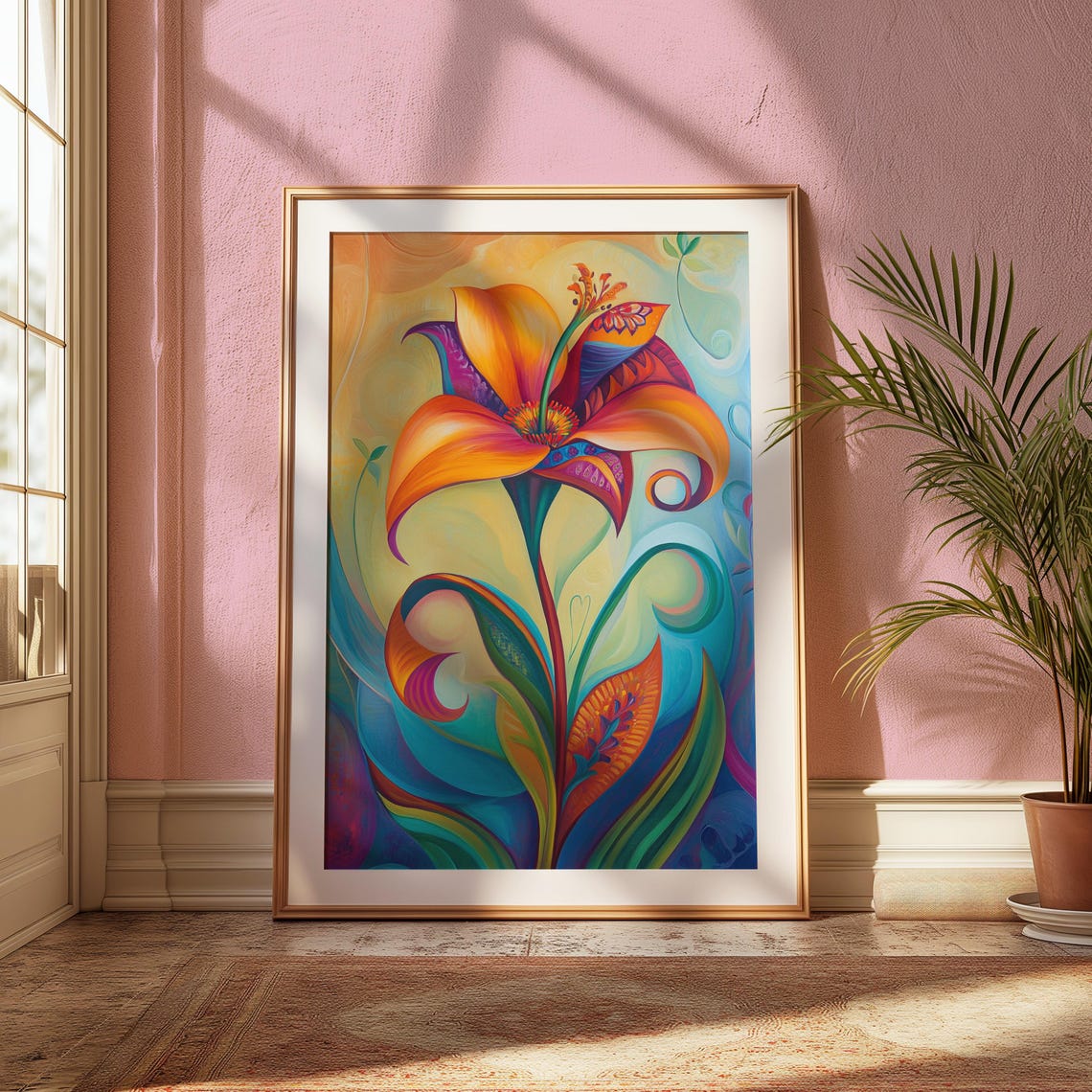 Flowing Orange Lily Swirl Teal Background Art Nouveau Floral Poster - Image 2