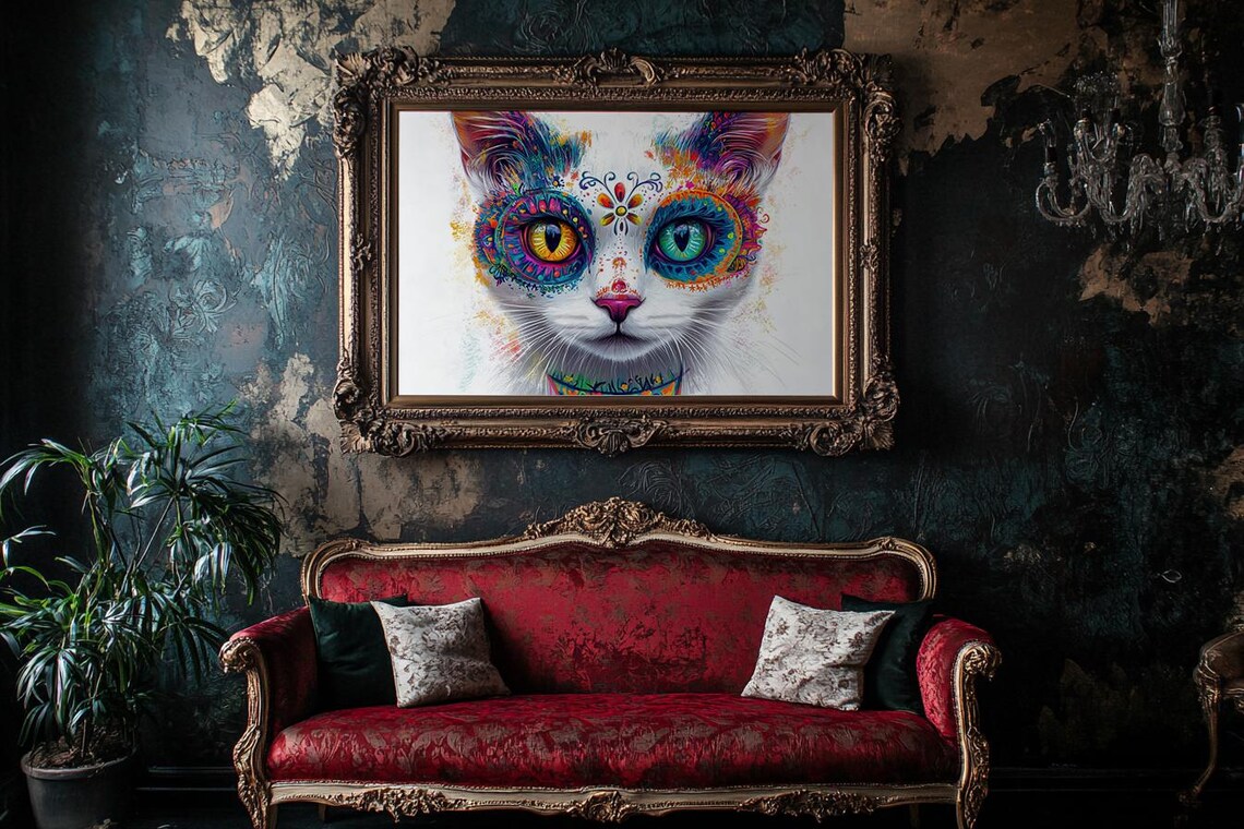 Sugar Skull Cat Face Colorful Day of the Dead Watercolor Art Poster - Image 2