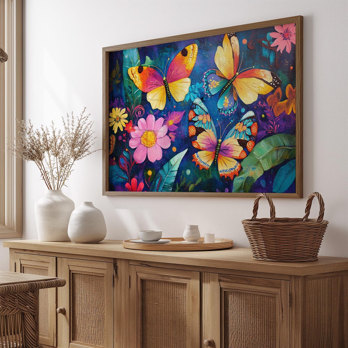 Vivid Butterfly Garden Print Pink Daisy Flowers Night Sky Wall Art