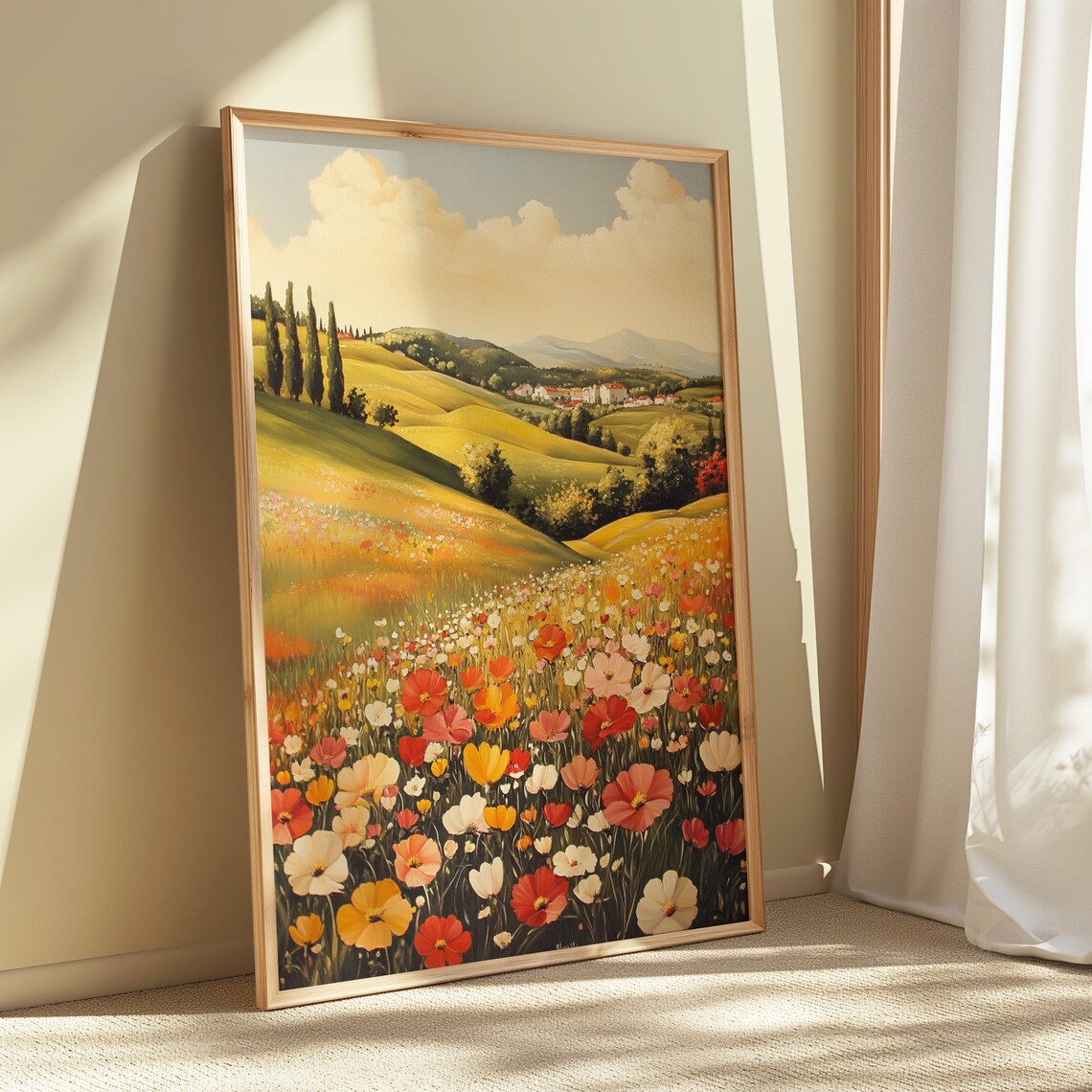 Tuscan Rolling Hills Cypress Trees Village Wildflower Field Golden Poster - Image 4