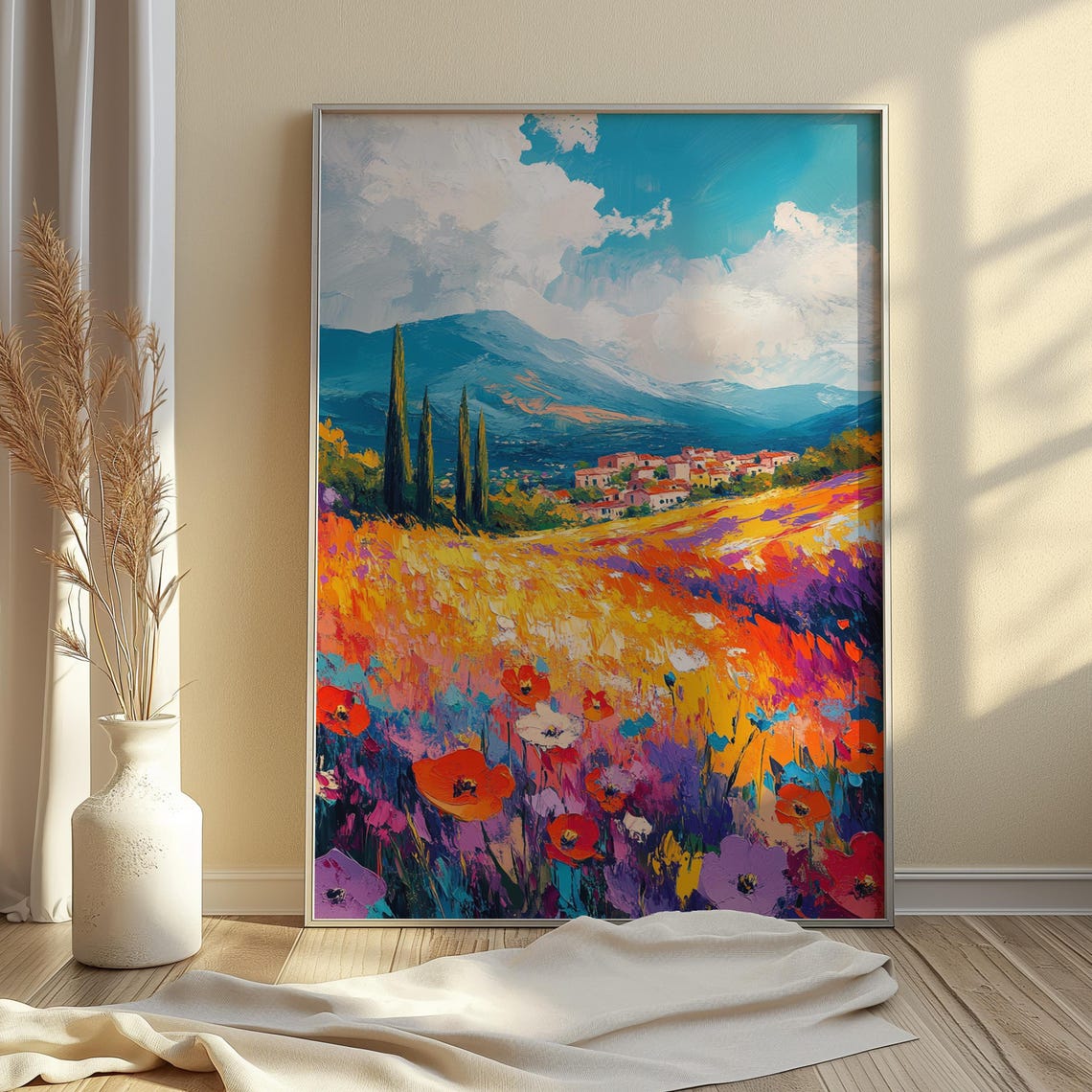 Colorful Mexican Village Wildflower Meadow Mountain Landscape Print - Image 4