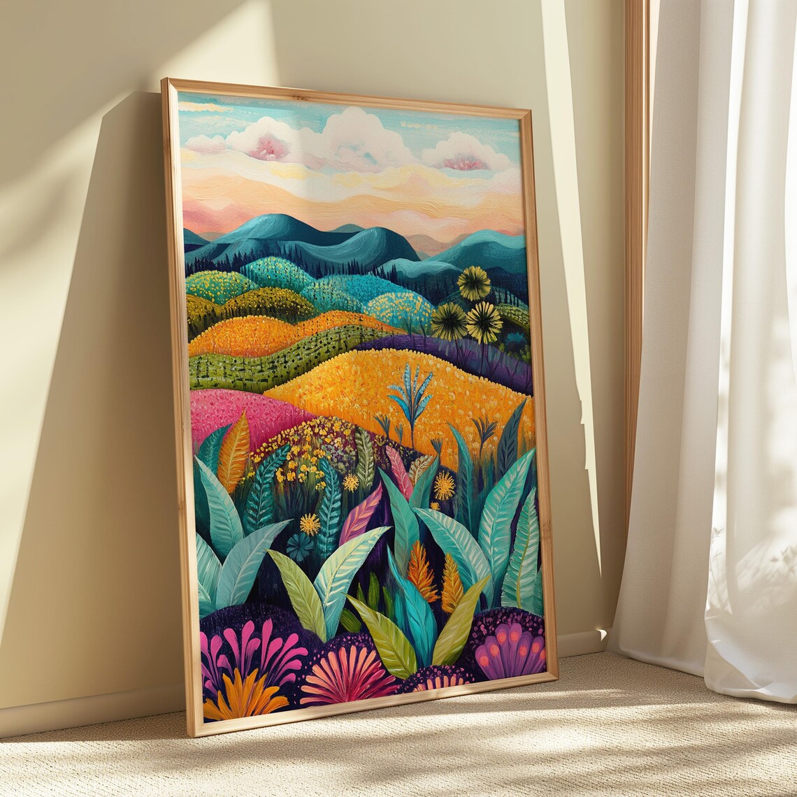 Quilted Rolling Hills Patchwork Meadows Teal Orange Folk Art Landscape Poster - Image 5