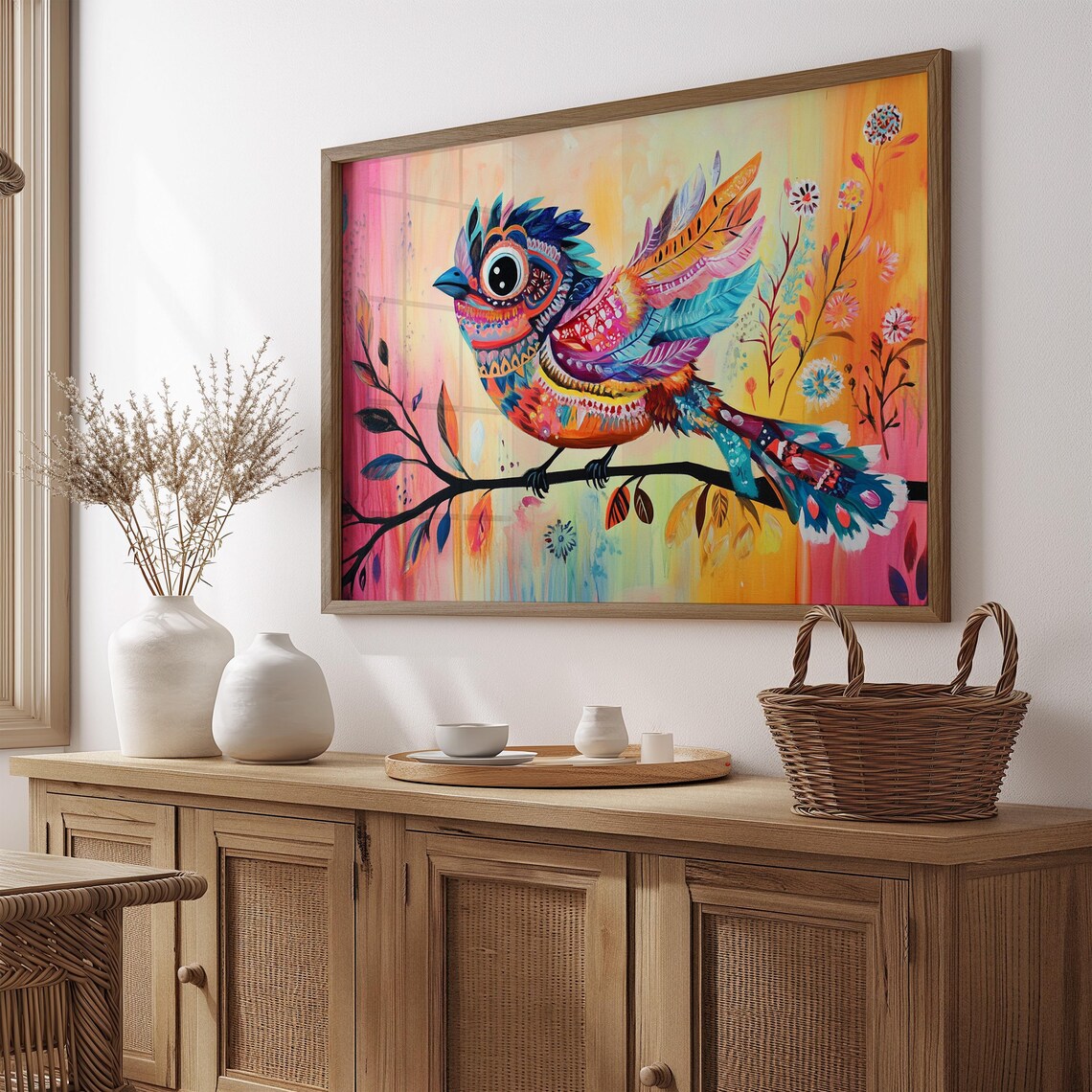 Patterned Folk Art Bird Branch Pink Orange Sunrise Garden Poster