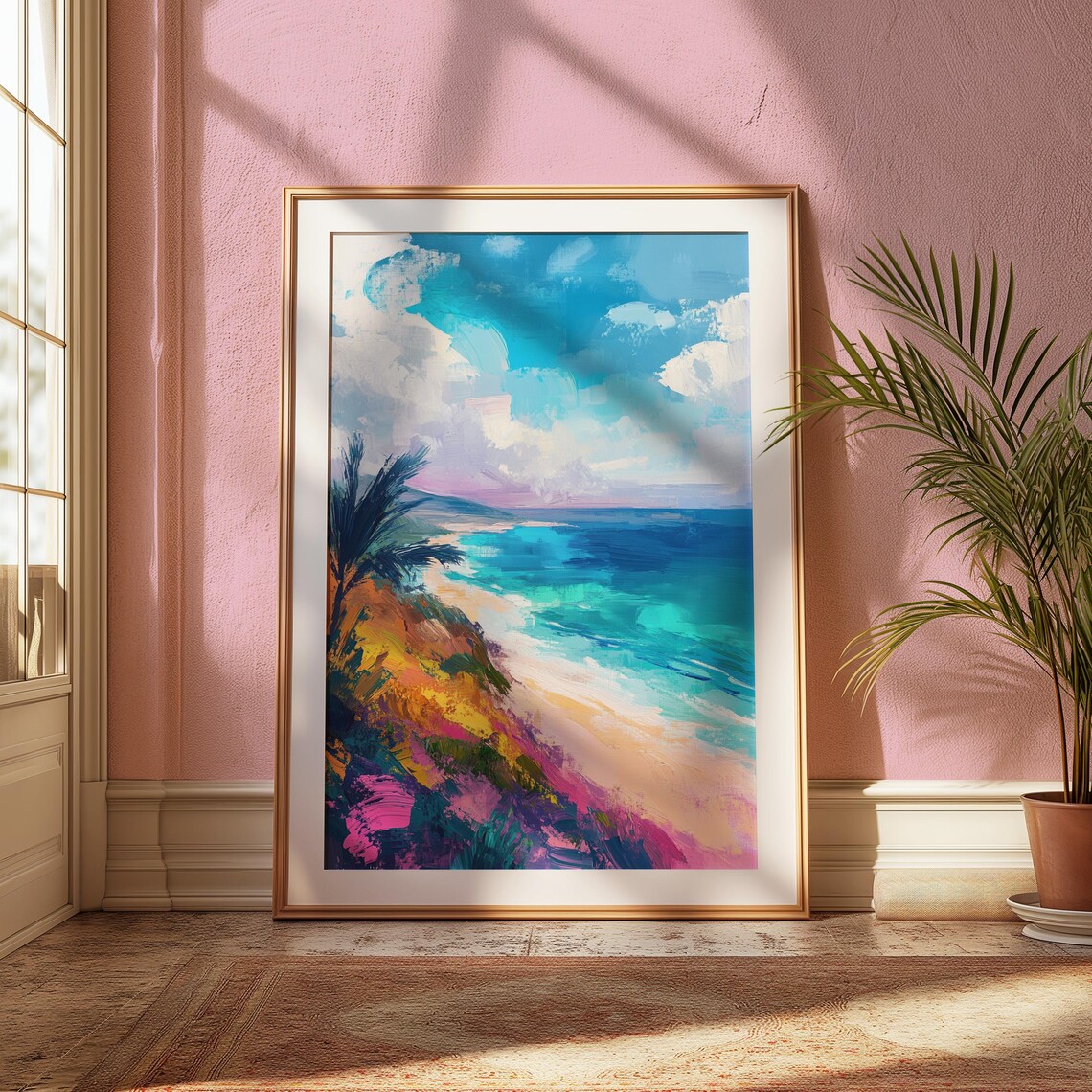 Tropical Beach Palm Silhouette Turquoise Waves Impressionist Coastal Poster - Image 2