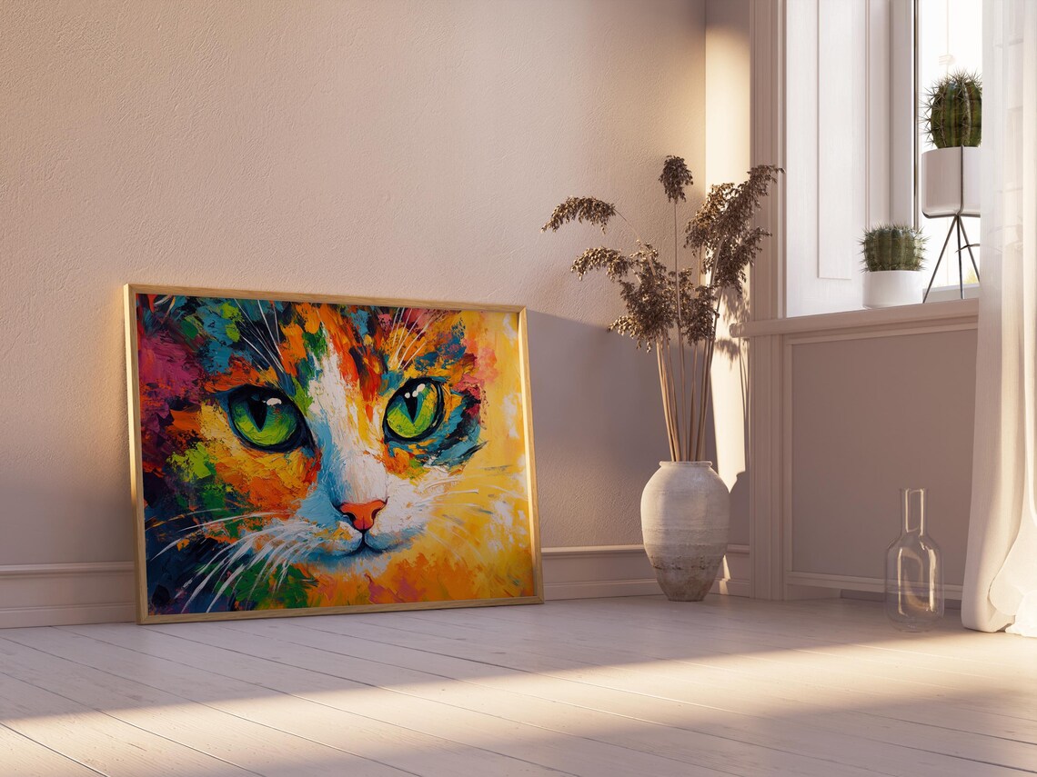 Calico Cat Face Thick Impasto Rainbow Brushstrokes Green Eyes Art Poster - Image 2