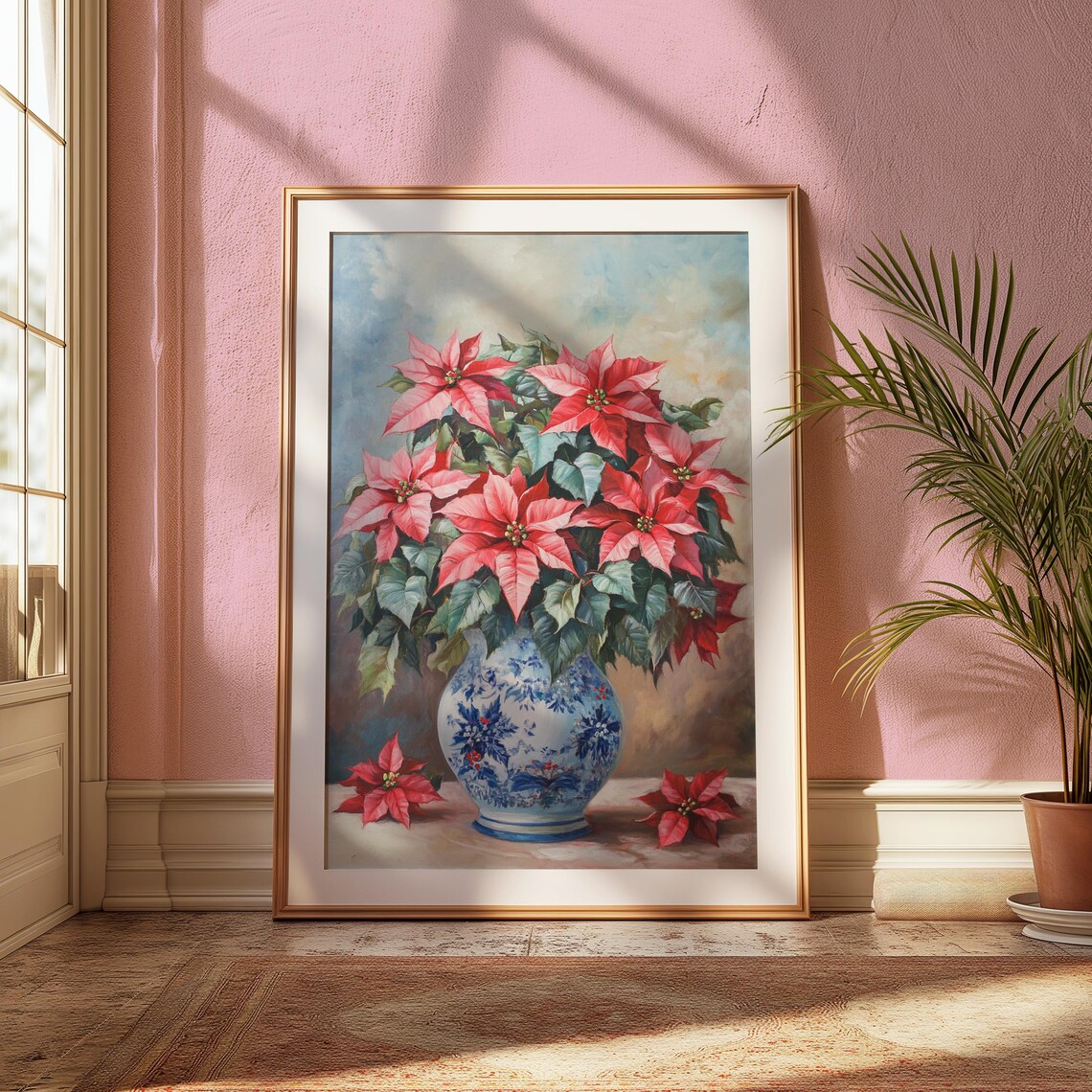 Pink Poinsettia Blue Porcelain Vase Soft Christmas Still Life Poster - Image 2