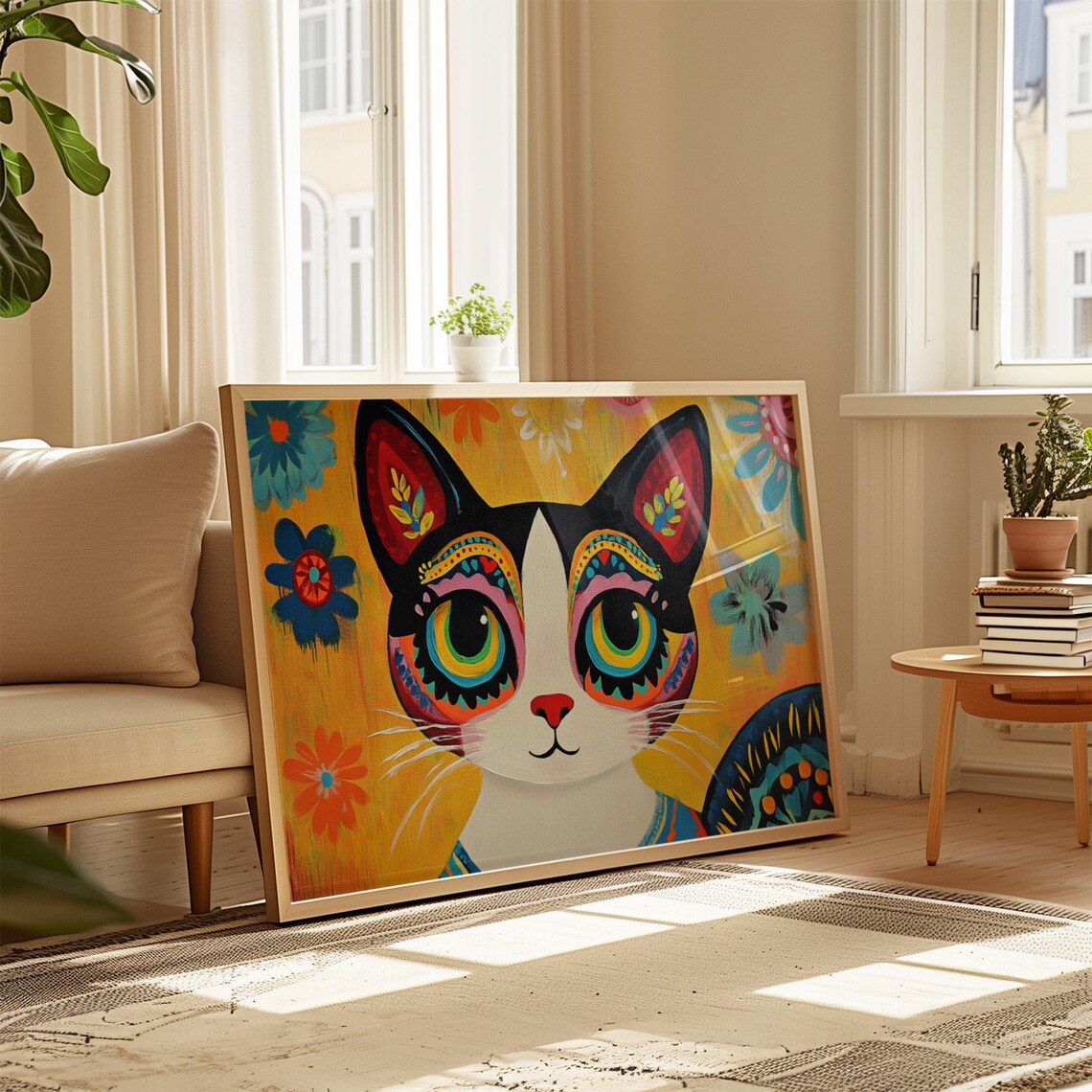Cartoon Tuxedo Cat Big Rainbow Eyes Yellow Floral Whimsical Poster - Image 4