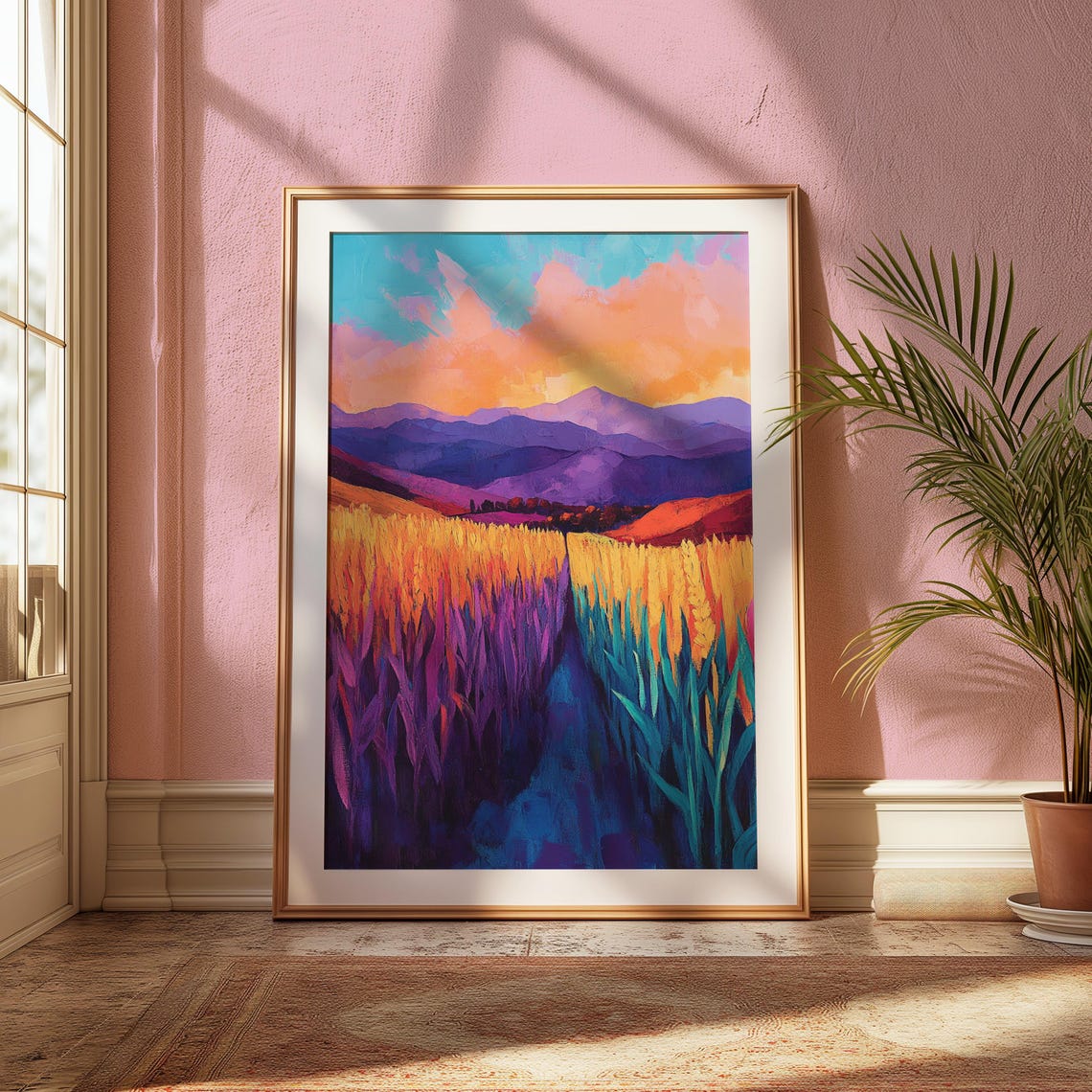 Golden Wheat Field Sunset Purple Mountains Pink Sky Art Print - Image 2