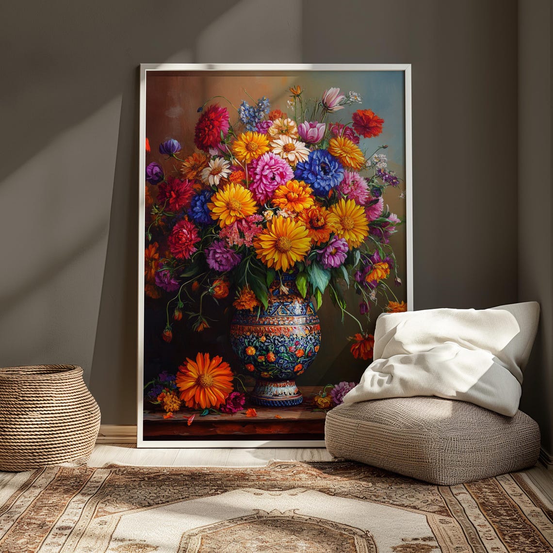 Vivid Garden Bouquet Patterned Mexican Vase Ledge Moody Floral Poster - Image 4