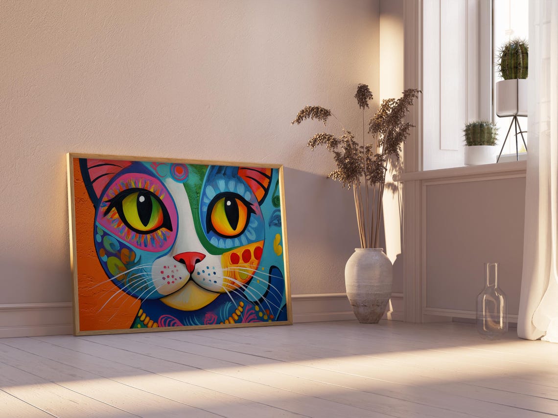 Whimsical Cat Huge Yellow Green Eyes Pink Blue Split Pattern Poster - Image 2