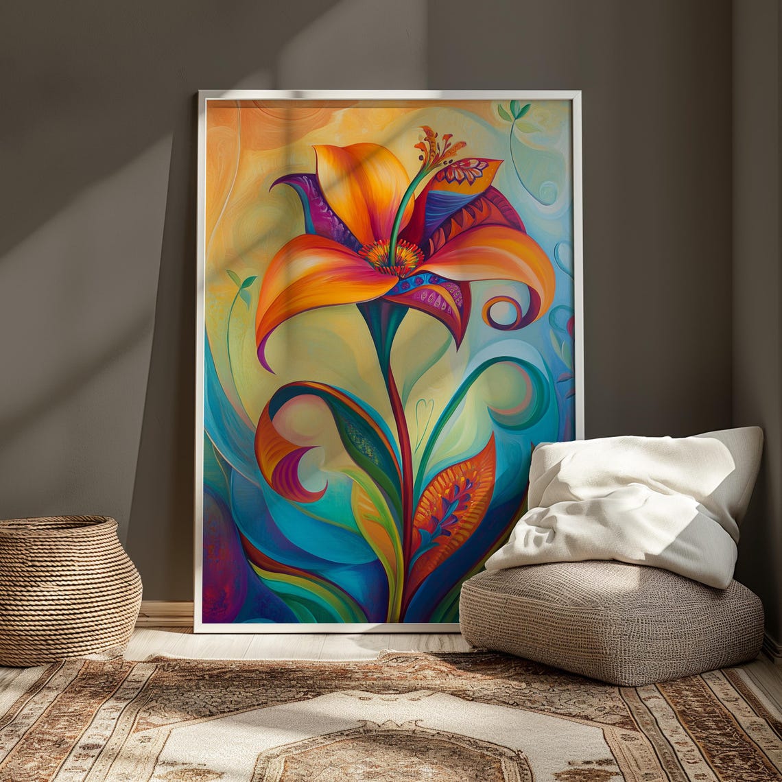 Flowing Orange Lily Swirl Teal Background Art Nouveau Floral Poster - Image 3
