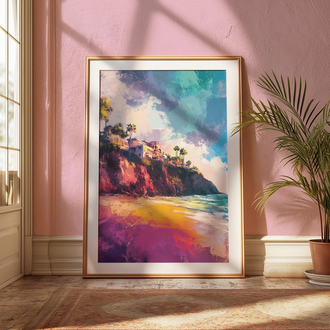 Golden Sunset Beach Red Cliffs Palm Trees Cliff Houses Art Print - Image 2