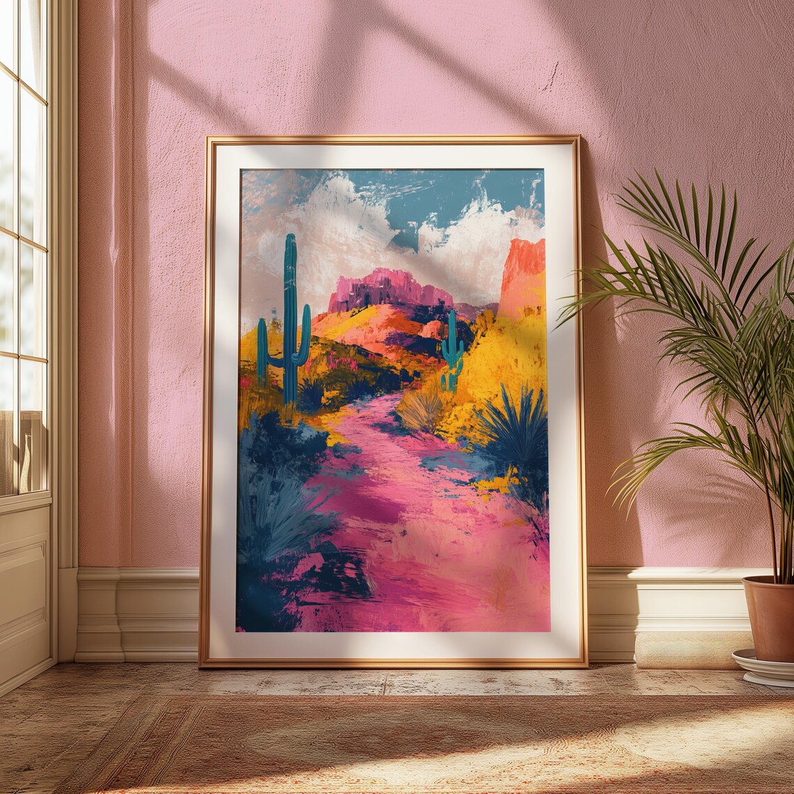 Desert Canyon Trail Saguaro Cacti Pink Mesas Southwest Wall Art Poster - Image 2