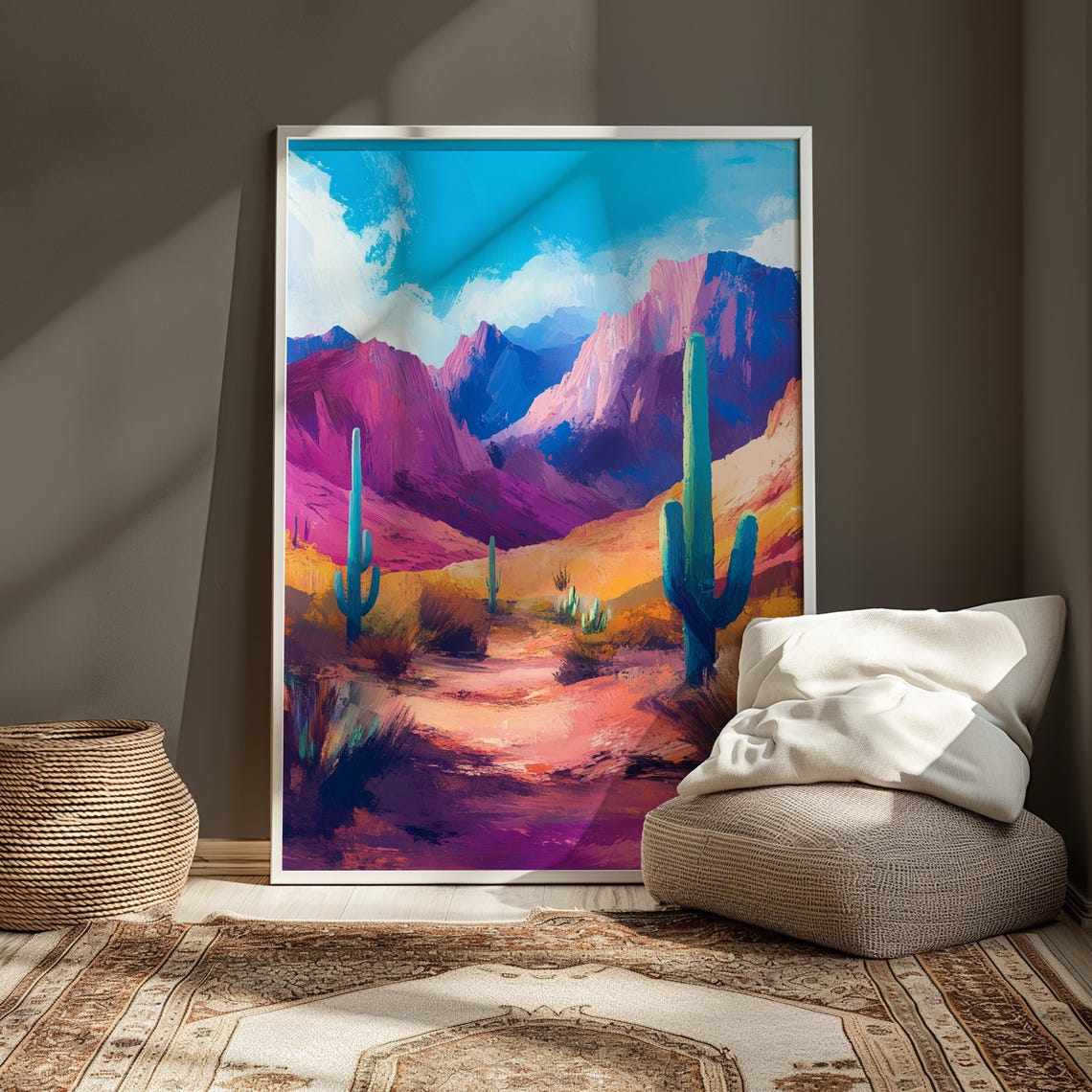 Desert Saguaro Cacti Pink Canyon Mountains Teal Sky Art Print - Image 3