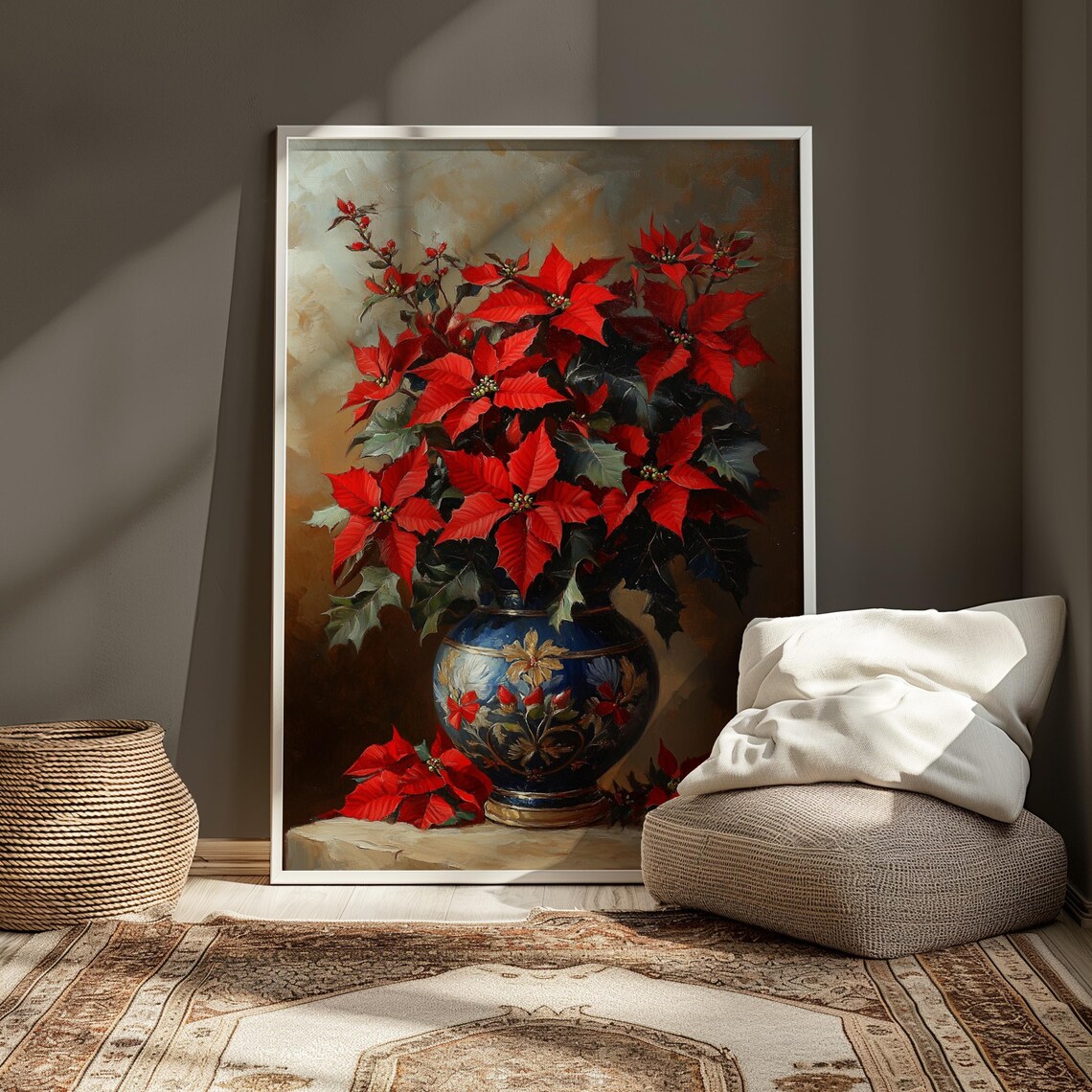 Red Poinsettia Dark Blue Ornate Vase Moody Christmas Art Poster - Image 4