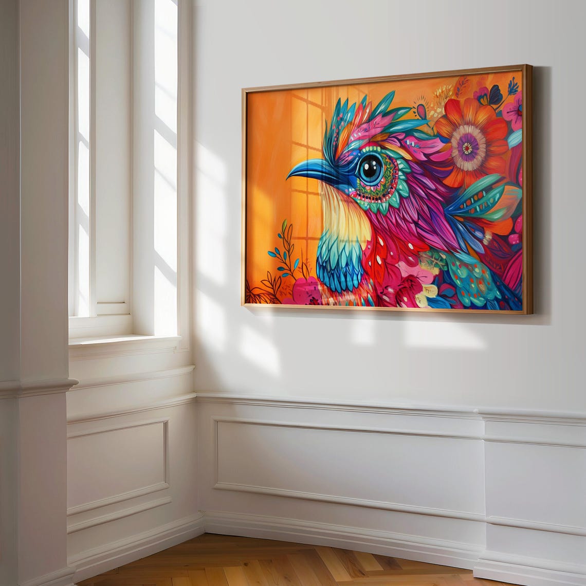 Teal Pink Fantasy Bird Head Profile Bold Orange Floral Art Print - Image 3