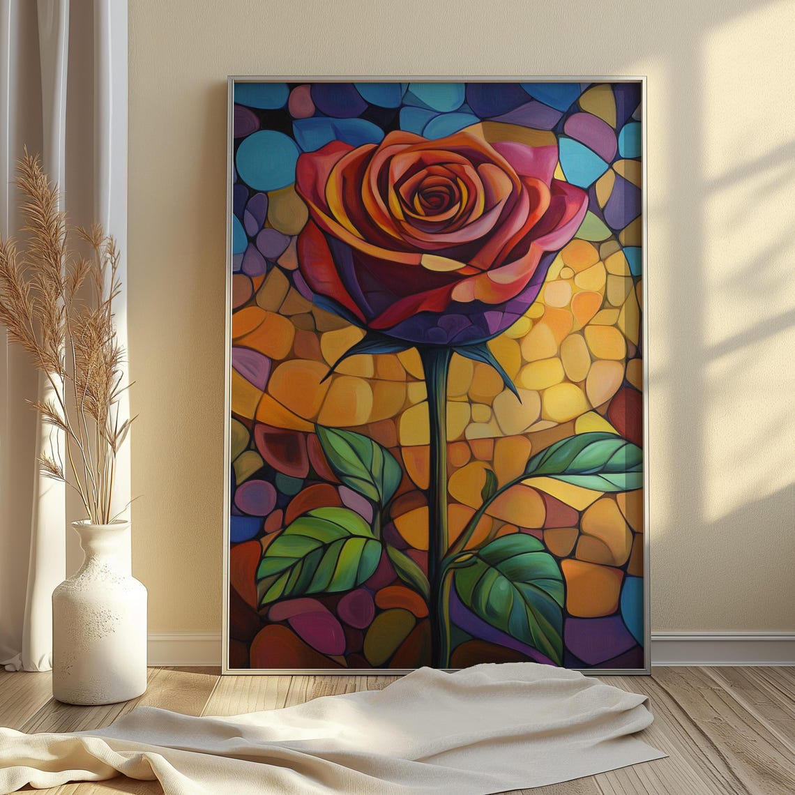 Red Purple Rose Stained Glass Mosaic Warm Glow Floral Poster - Image 4
