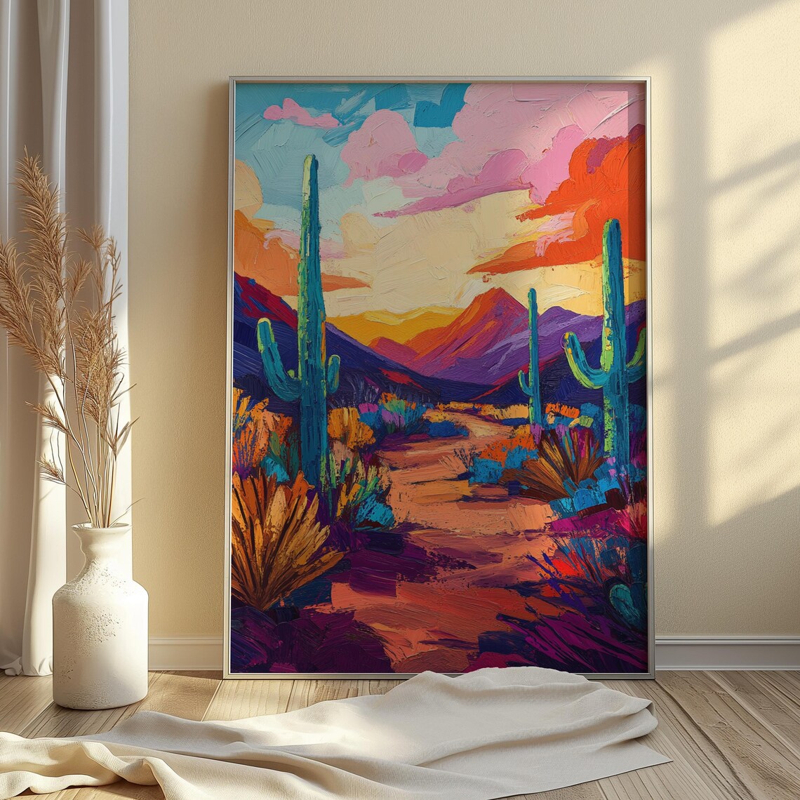 Desert Trail Sunset Saguaro Cacti Dramatic Clouds Southwest Landscape Poster - Image 4
