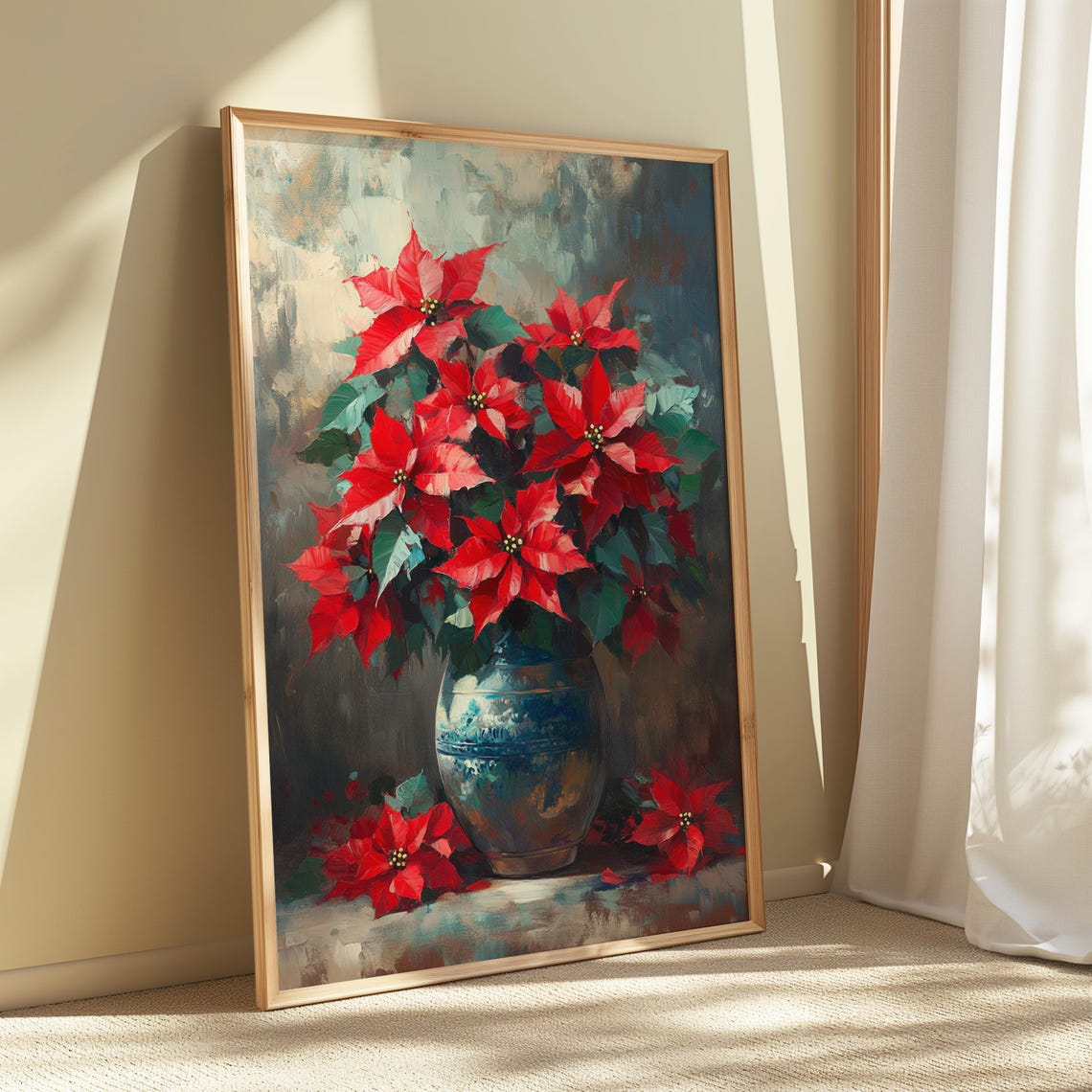 Red Poinsettia Blue Ceramic Vase Painterly Christmas Wall Art Print - Image 5