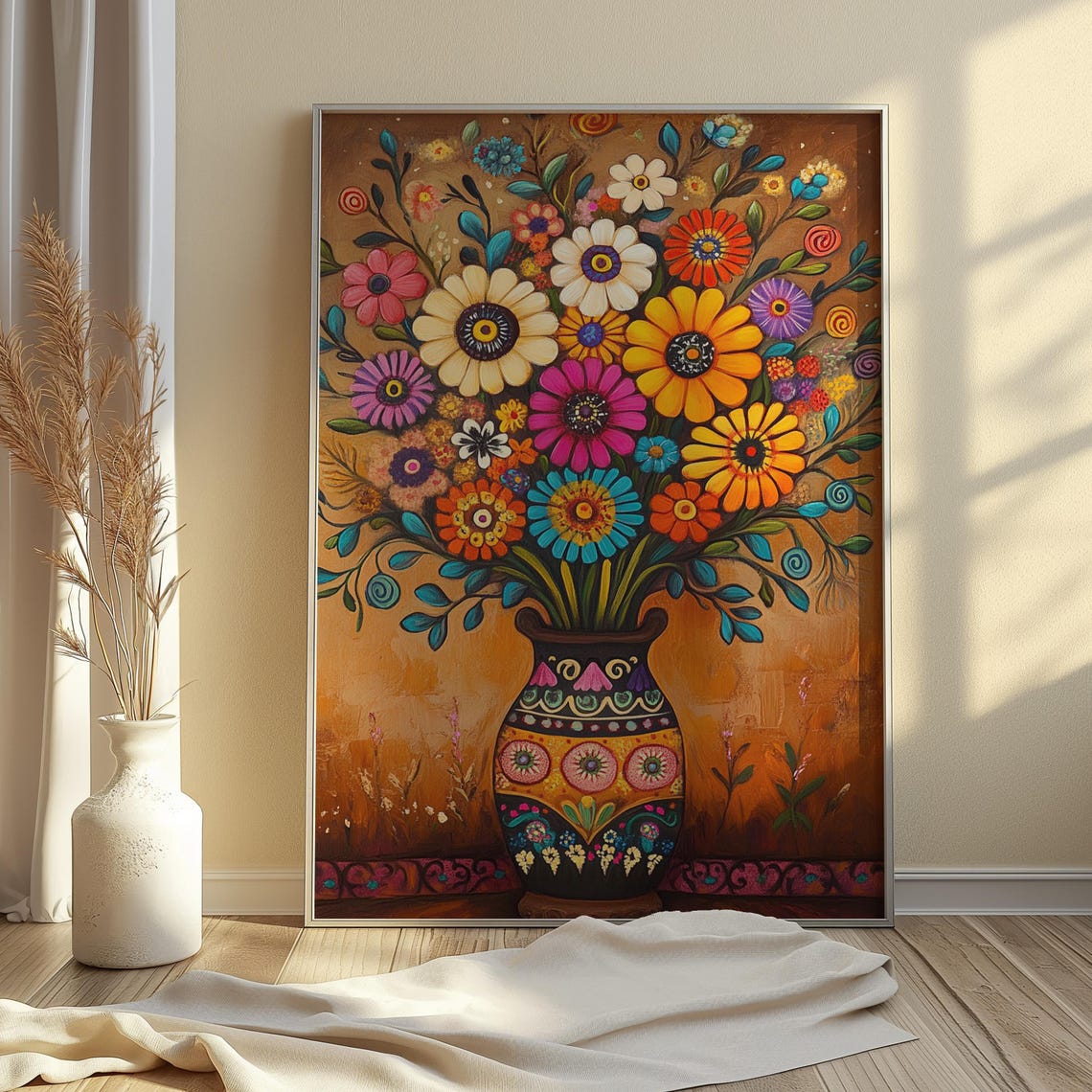 Mexican Folk Art Flower Bouquet Painted Pottery Vase Wall Art Print - Image 2