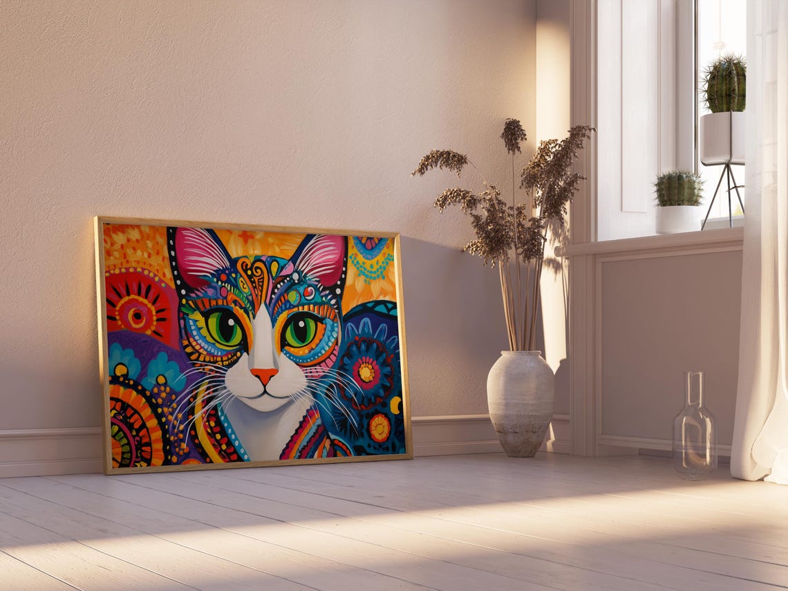 Mandala Style Cat Face Symmetrical Bright Folk Art Patterns Poster - Image 2