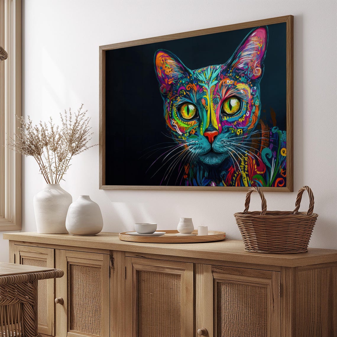 Mexican Folk Art Cat Face Front View Colorful Alebrije Pattern Poster