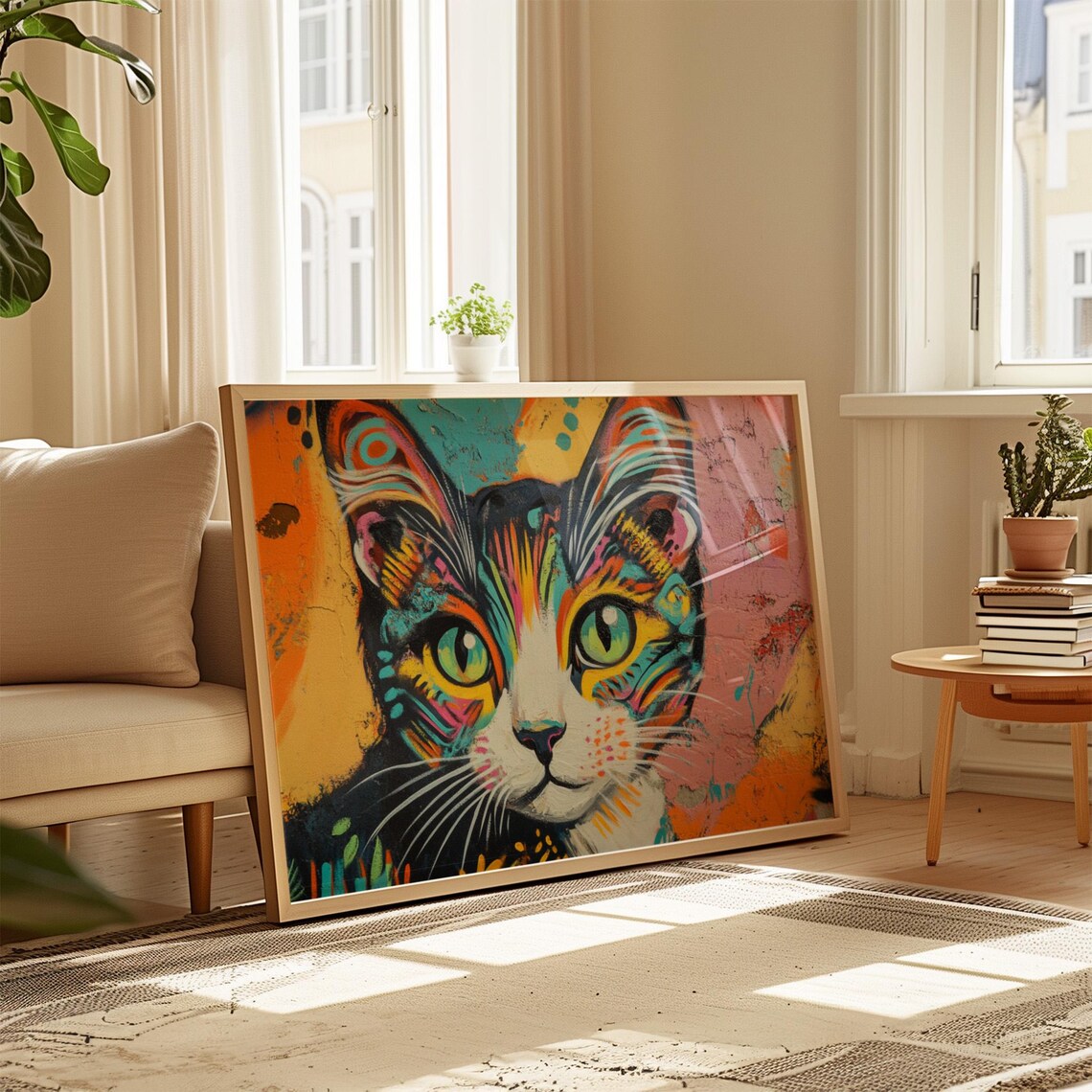 Street Art Graffiti Cat Face Green Eyes Textured Wall Painting Poster - Image 4